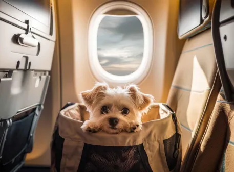 Persona viajando con su mascota en guacal en un aeropuerto rumbo a Colombia